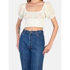 White Cottage Coquette Floral Polka Dot Mesh Puff Sleeve Milkmaid Top Sz Small